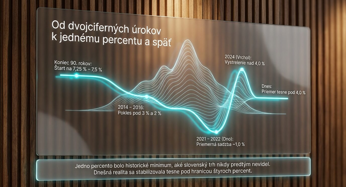 Krivka vývoja hypotekárnych sadzieb: štart na 7,25 % koncom 90. rokov, pokles pod 3 % a 2 %, dno okolo 1 % v rokoch 2021 – 2022, vrchol nad 4 % v roku 2024 a dnešok tesne pod 4 %.