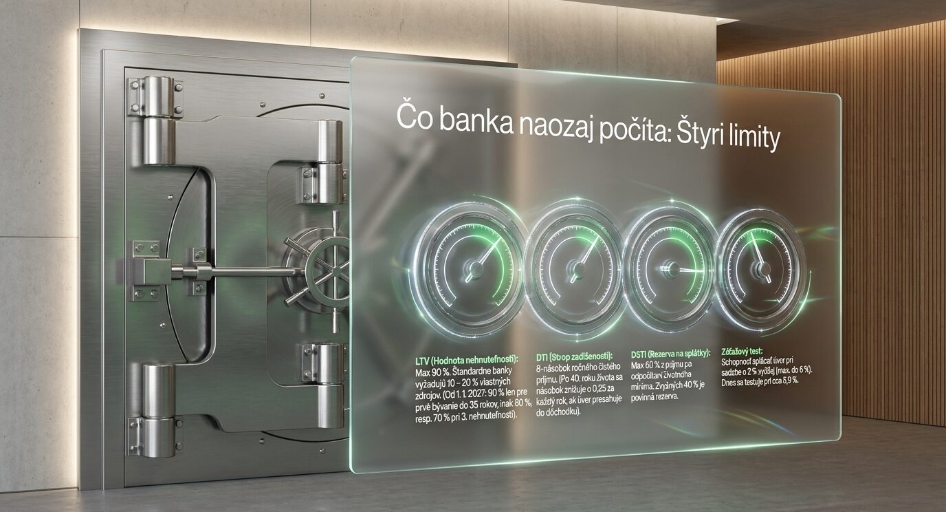 Otvorené dvere bankového trezoru a vedľa nich panel so štyrmi ciferníkmi: LTV, DTI, DSTI a záťažový test.