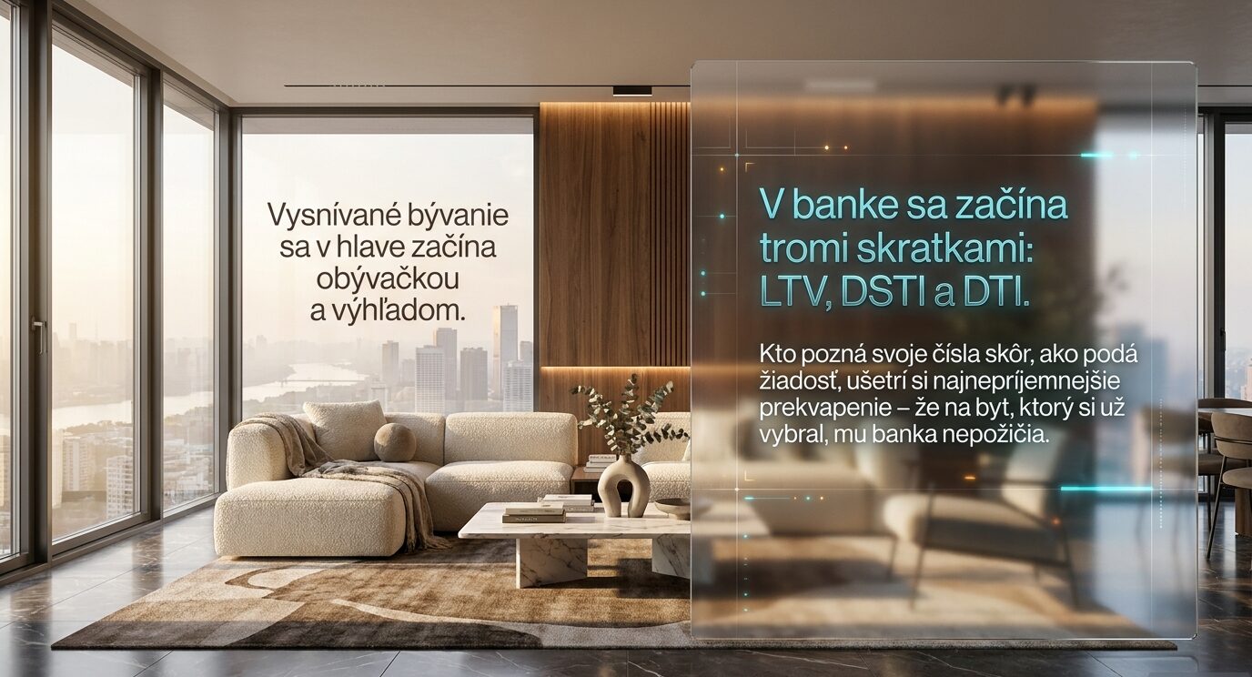 Svetlá obývačka s výhľadom na mesto a vedľa nej sklenený panel s nápisom: v banke sa začína tromi skratkami LTV, DSTI a DTI.