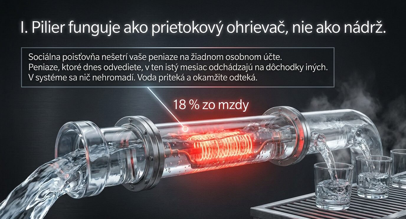 Sklenený prietokový ohrievač: voda priteká z jednej strany a v tom istom momente odteká do pohárov na druhej strane.