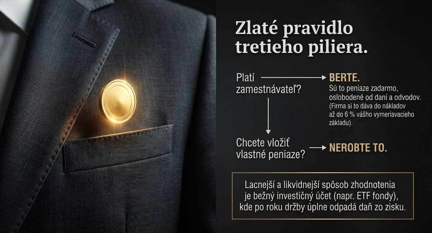 Zlatá minca vo vrecku saka a rozhodovacia schéma: ak platí zamestnávateľ, brať; ak máte vložiť vlastné peniaze, nerobiť to.